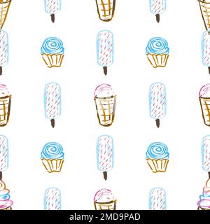 Motif sans coutures. Crème glacée, desserts. Dessins d'enfants avec crayons de cire. Imprimé pour la conception de tissu, textile, tissu, papier peint Illustration de Vecteur