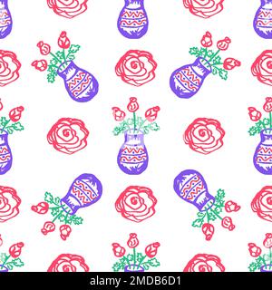 Motif fleuri sans coutures. Dessins d'enfants avec crayons de cire. Fleurs dans un vase. Imprimé pour la conception de tissu, textile, tissu, papier peint Illustration de Vecteur
