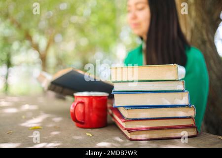 Jeune femme défocuée lisant des livres empilés dans le champ sous un saule. Mise au point sélective Banque D'Images