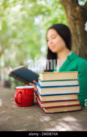 Jeune femme défocuée lisant des livres empilés dans le champ sous un saule. Mise au point sélective Banque D'Images