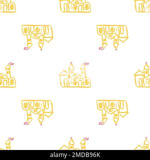 Motif sans couture de conte de fées. Château. Dessins d'enfants avec crayons de cire. Imprimé pour la conception de tissu, textile, tissu, papier peint, emballage Illustration de Vecteur
