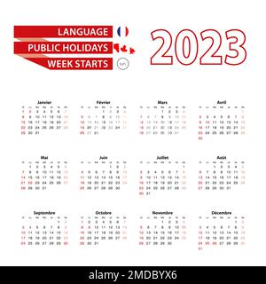 Calendrier 2023 en français avec jours fériés le pays du Canada en 2023. La semaine commence le dimanche. Illustration vectorielle. Illustration de Vecteur