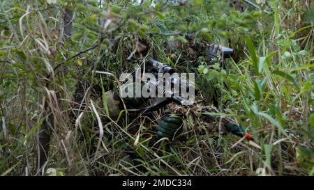 LA STATION DE LA FORCE AÉRIENNE DU SOUFFLET (15 juillet 2022) des soldats de l'armée australienne du 2nd Bataillon, The Royal Australian Regiment, effectuent une reconnaissance de cible ponctuelle au cours d'une simulation de mission de reconnaissance au cours de la Rim of the Pacific (RIMPAC) 2022, 15 juillet. Vingt-six nations, 38 navires, quatre sous-marins, plus de 170 avions et 25 000 membres du personnel participent au programme RIMPAC de 29 juin au 4 août dans les îles hawaïennes et dans le sud de la Californie. Le plus grand exercice maritime international au monde, RIMPAC offre une occasion unique de formation tout en favorisant et en soutenant la relation coopérative Banque D'Images