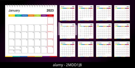 Calendrier mural coloré pour 2023 sur fond sombre, la semaine commence le lundi. 2023 taille du modèle de calendrier 12x12 pouces. Illustration de Vecteur