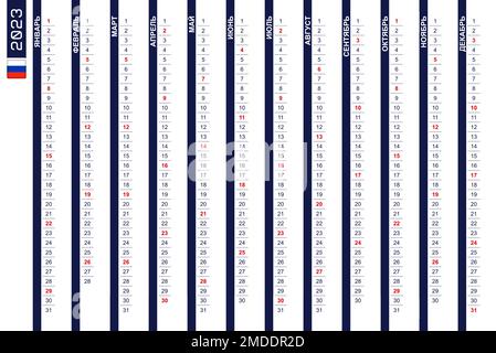 Calendrier vertical d'une rangée pour l'année 2023 en russe. Calendrier russe pour 2023 avec les dimanches mis en évidence. Illustration vectorielle. Illustration de Vecteur