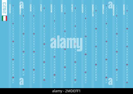 Calendrier vertical d'une rangée pour l'année 2023 en italien. Calendrier italien pour 2023 avec les dimanches mis en évidence. Illustration vectorielle. Illustration de Vecteur