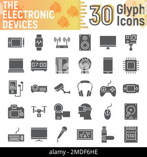 Jeu d'icônes de glyphes de dispositifs électroniques, collection de symboles de médias, croquis vectoriels, illustrations de logos, paquet de pictogrammes solides de signes numériques isolés sur fond blanc, eps 10. Illustration de Vecteur