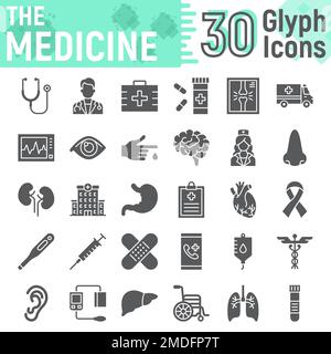 Jeu d'icônes de glyphe de médecine, collection de symboles d'hôpital, croquis vectoriels, illustrations de logo, signes d'anatomie paquet de pictogrammes solides isolés sur fond blanc, eps 10. Illustration de Vecteur