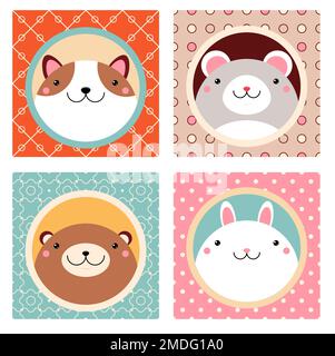 Ensemble de l'icône de membre kawaii. Cartes carrées avec de jolis animaux de dessin animé. Bébé collection d'avatars avec lapin, chien, ours, souris. Illustration vectorielle EPS8 Banque D'Images