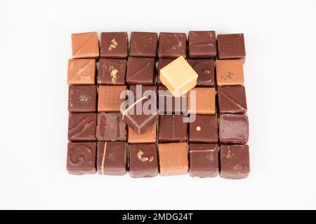 variété fine artisanale chocolat pralines lait noir bonbon sur fond blanc Banque D'Images