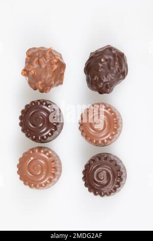 variété fine artisanale chocolat pralines lait noir rond bonbon sur fond blanc Banque D'Images