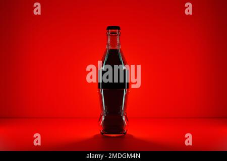 3d illustration d'une petite bouteille de soda en verre avec une boisson noire sur fond rouge vif Banque D'Images