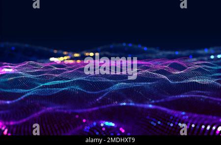 Flux Cyberdata. Champs de données de la blockchain. Cyberespace. Génération numérique, champ électronique, courbes de données traitées, analyse des Big Data. 3D illustration Banque D'Images