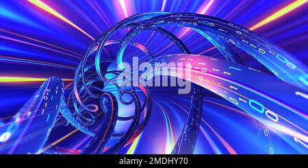 Portail Internet de diffusion de données. Internet haut débit et affaires high-tech. 3D illustration d'un champ de vortex Big Data. Tunnel au néon de l'entonnoir temporel Banque D'Images