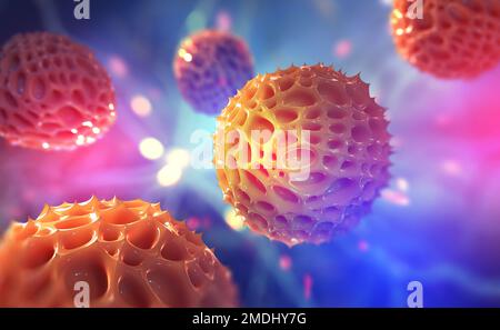 Virus et germes 3D illustration. Danger d'épidémie. Infection du corps, mutations génétiques, réaction allergique à l'irritant Banque D'Images