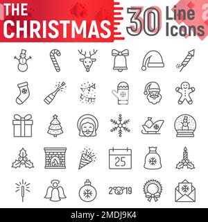 Jeu d'icônes de la ligne de Noël, collection de symboles de la nouvelle année, croquis vectoriels, illustrations de logo, paquet de pictogrammes linéaires de signes de Noël isolé sur fond blanc, eps 10. Illustration de Vecteur
