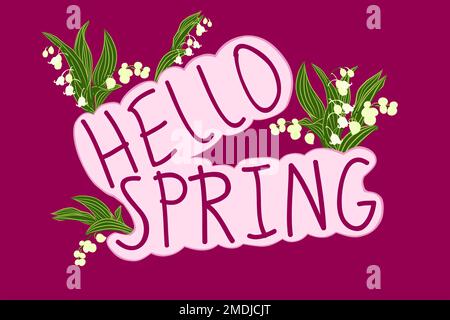 Affiche ou carte Hello Spring Days avec bouquet de fleurs et texte lettré à la main.imprimé floral sur tissu et papier.clipart vectoriel dessiné à la main sur blanc Illustration de Vecteur