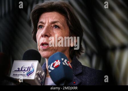 Bruxelles, région de Bruxelles-capitale, Belgique. 23rd janvier 2023. La ministre française des Affaires étrangères, Catherine Colonna, s'adresse à la presse lors d'un Conseil des Affaires étrangères au siège du Conseil de l'UE à Bruxelles, en Belgique, sur 23 janvier 2023. (Credit image: © Valeria Mongelli/ZUMA Press Wire) USAGE ÉDITORIAL SEULEMENT! Non destiné À un usage commercial ! Crédit : ZUMA Press, Inc./Alay Live News Banque D'Images