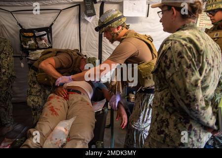 CAMP SHELBY, divers (25 juillet 2022) les Seabés affectés au bataillon de construction mobile navale (NMCB) 1 traitent un patient à l'intérieur de la station d'aide du bataillon après une attaque sur le camp pendant l'opération Turning point, également connue sous le nom d'exercice d'entraînement sur le terrain. Operation Turning point est un exercice 24 heures sur 24 qui se concentre sur la construction de bases avancées tout en maintenant la maîtrise des tactiques et de la capacité de survie. NMCB 1 est domiciliaire à partir de Gulfport, Mils Ils mènent un intense plan de formation homeport pour accroître leur capacité à exécuter la construction, l'aide humanitaire et le théâtre op Banque D'Images