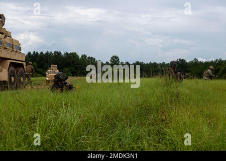 CAMP SHELBY, divers (25 juillet 2022) les Seabés affectés au bataillon de construction mobile de la marine (NMCB) 1 élément de sécurité du convoi et les Marines affectés à l'escadron de soutien de l'escadre marine (SMSS) 273 gardes-pied pendant un exercice de reconnaissance de la route durant l'opération Turning point, également connue sous le nom d'exercice d'entraînement sur le terrain. Operation Turning point est un exercice 24 heures sur 24 qui se concentre sur la construction de bases avancées tout en maintenant la maîtrise des tactiques et de la capacité de survie. NMCB 1 est domiciliaire à partir de Gulfport, Mils Ils mènent un plan de formation intense à homeport pour étendre leur capacité à Banque D'Images