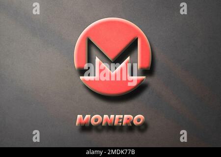 Monero XMR crypto-monnaie 3D logo et symbole sur fond marron, illustration de la finance décentralisée par chaîne de blocs. Banque D'Images