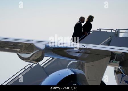 President Joe Biden and first lady Jill Biden board Air Force One at John F. Kennedy International Airport in the Queens borough of New York, Saturday, Sept. 11, 2021. The Bidens are en route to the Flight 93 National Memorial in Shanksville, Pa., for an event marking the 20th anniversary of the Sept. 11, 2001, terrorist attacks. (AP Photo/Evan Vucci)