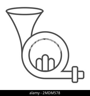 Icône de ligne fine de corne française, musique et instrument, signe aérophone, graphiques vectoriels, un motif linéaire sur fond blanc, eps 10. Illustration de Vecteur