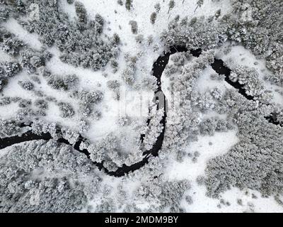 Aviemore, Écosse, Royaume-Uni. 18 janvier 2023. Vue aérienne de la rivière Luineag dans la neige couverte de la forêt de Rothiemurchus dans le parc national de Cairngorms près d'Aviemore Banque D'Images