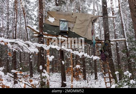 23 janvier 2023, Saxe, Ottendorf-Okrilla: Les activistes du climat marchent dans une forêt occupée par eux. L'occupation, qui a commencé à l'été 2021, est connue par le slogan 'Heibo bleibt'. La date limite pour le défrichement de la parcelle de forêt occupée au nord-est de Dresde, qui doit être défriché pour l'expansion d'une fosse de gravier, est en train de s'éteindre. Photo: Matthias Rietschel/dpa Banque D'Images