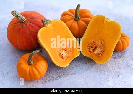 Collection de courges de noyer cendré et de citrouilles d'orange. Nourriture d'automne . Banque D'Images