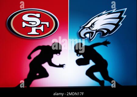 PHILADELPHIE, États-Unis, 18 JANVIER 2023 : San Francisco 49ers contre Philadelphia Eagles. NFL Conference Championship Silhouette of Players. Finals NFC Banque D'Images