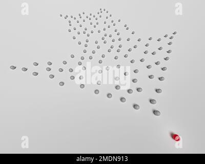 Leadership. Image conceptuelle d'une ligne de repère et de ses subordonnés. Travail d'équipe d'entreprise. Un ballon rouge et d'autres ballons gris. 3d rendu Banque D'Images