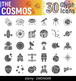 Jeu d'icônes de glyphe COSMOS, collection de symboles d'espace, esquisses de vecteurs, illustrations de logos, paquet de pictogrammes solides de signes d'astronomie isolé sur fond blanc, eps 10. Illustration de Vecteur