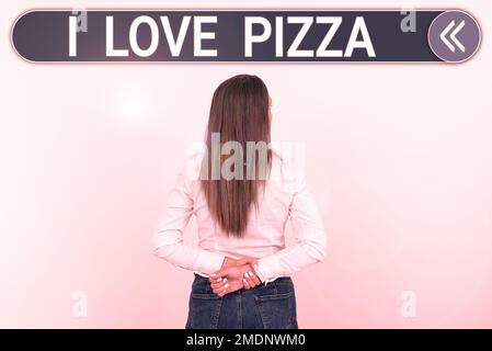 Écriture affichant le texte I Love Pizza. Vue d'ensemble des affaires à aimer beaucoup de nourriture italienne avec fromage jambon pepperoni en tranches Banque D'Images