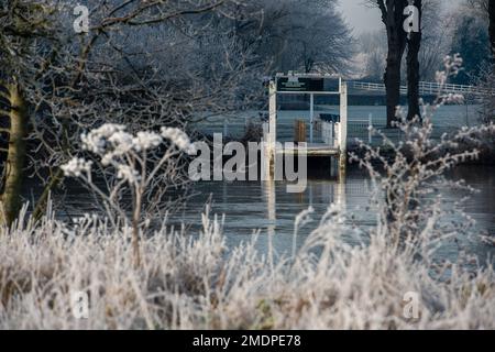 Eton, Windsor, Berkshire, Royaume-Uni. 23rd janvier 2023. La passerelle d'atterrissage pour les bateaux à l'hippodrome Royal Windsor. Après une autre nuit de températures glaciales, il y avait un givre étincelant qui couvrait les plantes, les arbres et les champs à Eton ce matin. Crédit : Maureen McLean/Alay Live News Banque D'Images