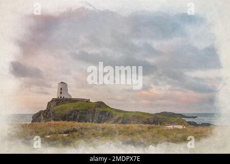 Le phare de l'île de Llanddwyn. TWR Mawr aquarelle numérique à Ynys Llanddwyn on Anglesey, pays de Galles, Royaume-Uni. Banque D'Images