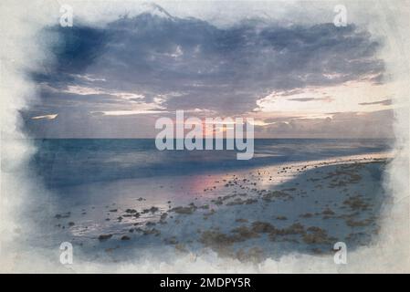 Une peinture numérique aquarelle de la mer à l'heure bleue, alors que l'aube commence à se briser sur une plage de sable blanc. Banque D'Images