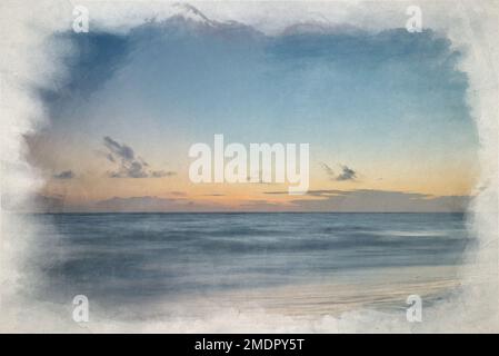 Une peinture numérique aquarelle de la mer à l'heure d'or, alors que l'aube commence à se briser sur une plage de sable blanc. Banque D'Images