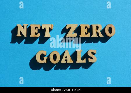 Net Zero Goals, mots en lettres de l'alphabet en bois isolées sur fond bleu Banque D'Images