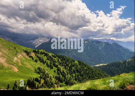 Paysage de montagne à l'intérieur du Col Rodella le long de la randonnée jusqu'au refuge de Sandro Pertini pendant une journée d'été, Campitello di val di Fassa, Trento Banque D'Images