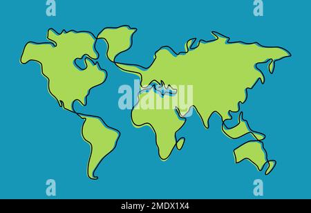 Carte du monde de l'art à la ligne de gribouillage dessinée à la main, isolée sur fond blanc. Illustration de Vecteur