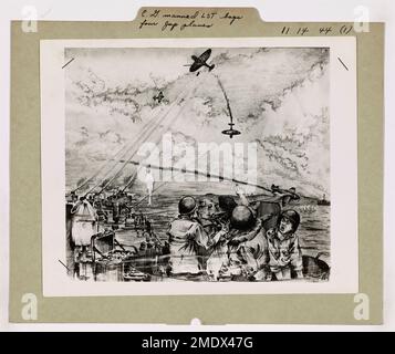 Un dessin dramatique en noir et blanc de l'artiste de combat Max L. Dorothy illustre l'implication de la Garde côtière dans l'abattage de quatre avions de combat japonais lors de la bataille du golfe de Leyte le 28 octobre 1944. L'action représente un LST piloté par les garde-côtes tirant des armes antiaériennes. Banque D'Images