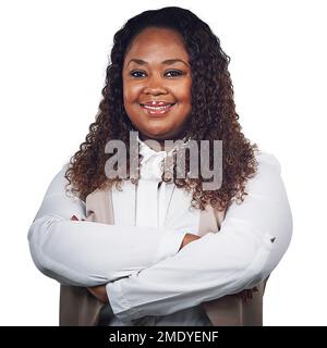 Portrait, femme noire et heureux, sourire et confiant, entreprise et employé en studio sur fond blanc. Le visage, la femme et la fière dirigeante excités Banque D'Images