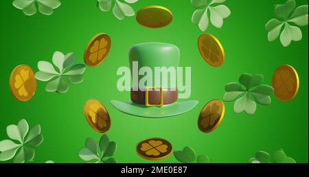 Saint Patrick. Chapeau Leprechaun entouré de pièces de monnaie en or et de feuilles de trèfle sur fond vert. 3d rendu Banque D'Images