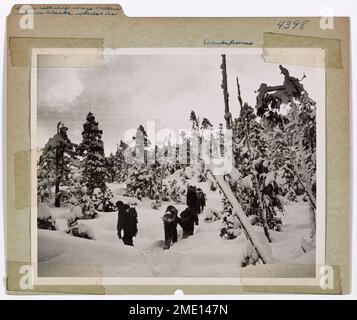 Les Para-sauveteurs de la Garde côtière font une guerre sans fin pour sauver des vies dans les bois et la glace de l'Alaska. Les hommes contre la nature glacée — Après avoir sauté d'un avion de la Garde côtière, ces para-sauveteurs de la Garde côtière dressent leur expérience durement gagnée du nord contre un labyrinthe de neige, de bois et de montagnes alors qu'ils recherchent des victimes d'accident d'avion dans une partie sombre de l'Alaska. Chargés de suffisamment de fournitures pour durer de nombreux jours, les para-sauveteurs de husky traversent de lourdes bancs de neige jusqu'à l'endroit où ils ont localisé l'épave tout en restant dans l'avion. Après avoir administré les premiers secours aux survivants, les gardes-côtes s'attaquera au gi Banque D'Images