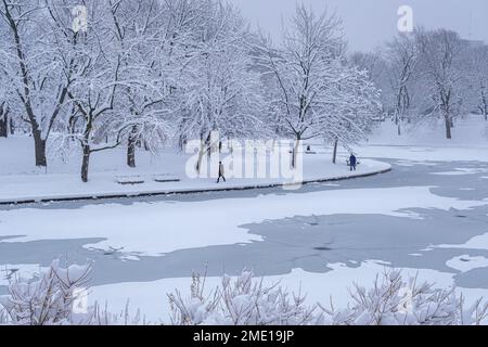 Montréal, CA - 17 décembre 2022 : parc Lafontaine pendant la tempête de neige Banque D'Images