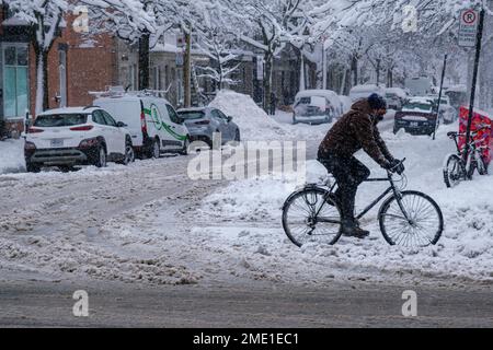 Montréal, CA, le 17 décembre 2022 : Homme à vélo sur l'avenue Rachel pendant la tempête de neige Banque D'Images