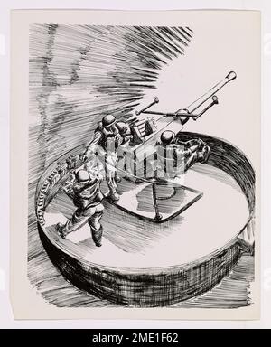 Ouvrir feu. Cette image représente l'œuvre d'art de l'équipage d'une arme antiaérienne à bord d'un LST habité par la Garde côtière, dessinée par Max L. Dorothy, artiste de combat de la Garde côtière. Banque D'Images