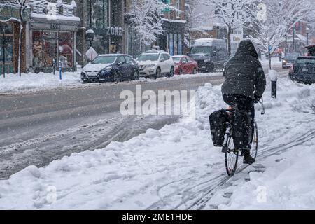 Montréal, CA, le 17 décembre 2022 : Homme à vélo sur la rue Saint-Denis pendant la tempête de neige Banque D'Images