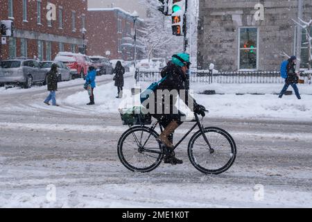 Montréal, CA, le 17 décembre 2022 : femme à vélo sur l'avenue Mont-Royal pendant une tempête de neige Banque D'Images